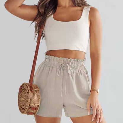 Linneshorts Dam med Dragsko – Lätta Högmidjade Sommarshorts för Dam
