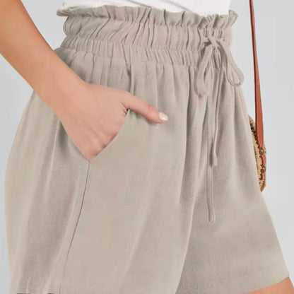 Linneshorts Dam med Dragsko – Lätta Högmidjade Sommarshorts för Dam
